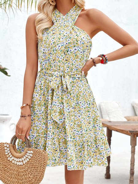 

Women Floral Halter Sleeveless Comfy Casual Midi Dress, Yellow, Dresses