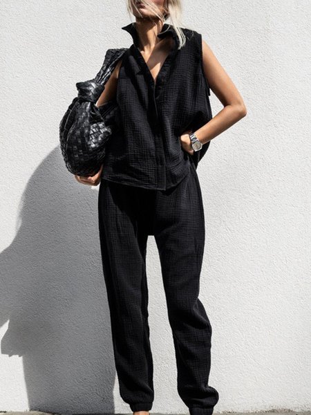 Daily Loose Casual Plain Two-Piece Set Top With Pants, Black, Two-piece Set