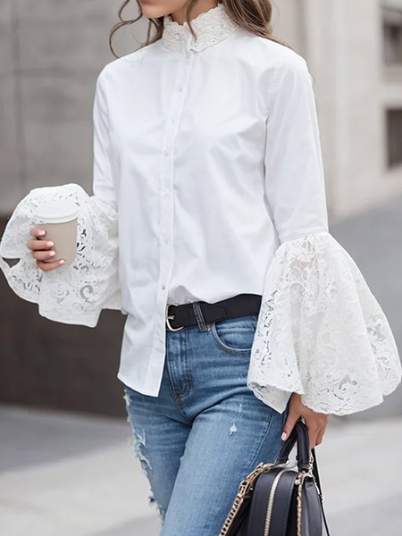 Loose Urban Stand Collar Long Sleeve Plain Blouse, White, Blouses and Shirts