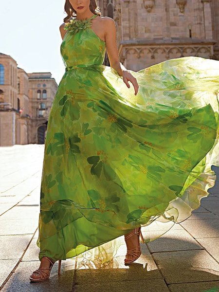 

Vacation Floral Halter Sleeveless Maxi Dress, Green, Maxi Dresses