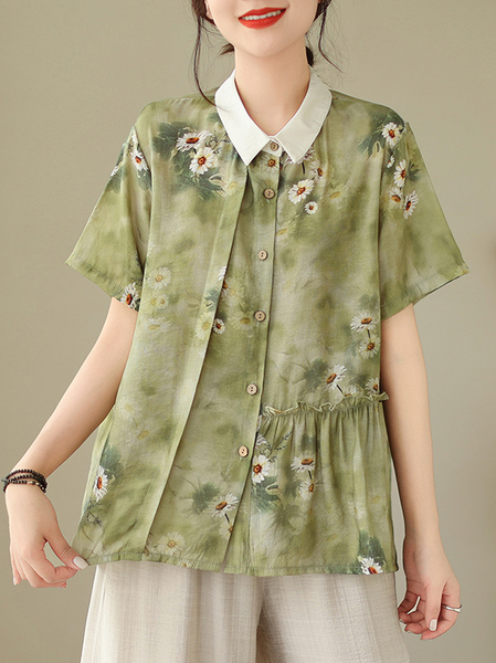 

Stand Collar Short Sleeve Floral Regular Loose Blouse For Women, Green, Blouses