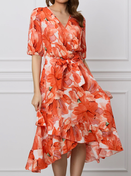 

Floral Vacation Loose Dress With Belt, Orange, Dresses