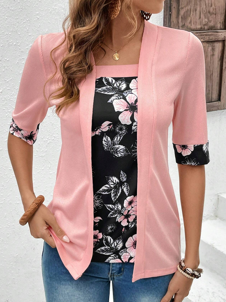 

Square Neck Short Sleeve Floral Regular Micro-Elasticity Loose Mock Two-Piece Blouse For Women, Pink, Blouses