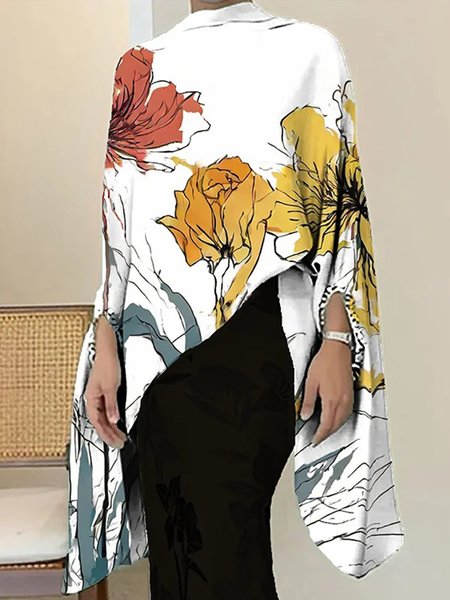 

Elegant Stand Collar Floral Loose Shirt, White, Blouses and Shirts