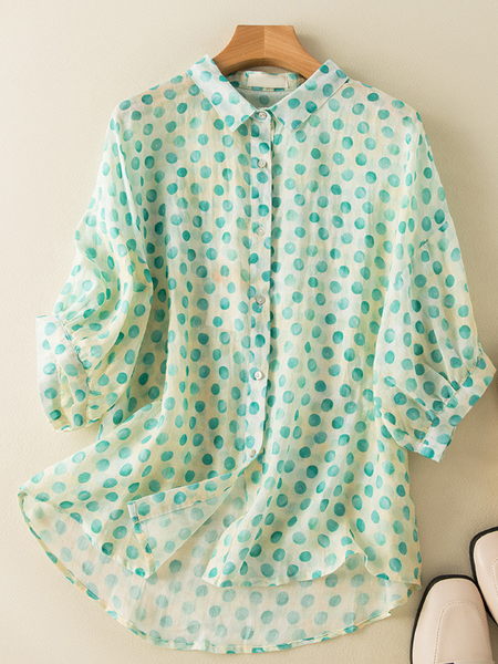 

Shirt Collar Casual Polka Dots Linen Style Blouse, Green, Blouses & Shirts