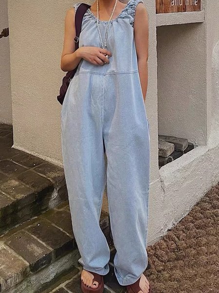 

Denim Crew Neck Casual Loose Jumpsuit, Light blue, Jumpsuits