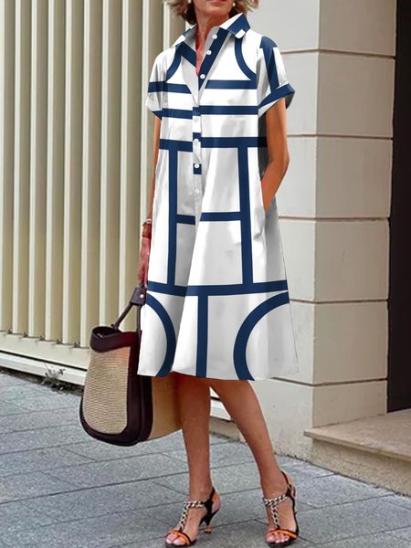 

Urban Shirt Collar Striped Printing Dress, White-blue, Midi Dresses