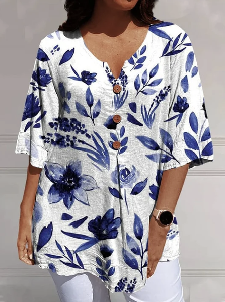 

V Neck Loose Vacation Linen Style Shirt, Blue, Blouses & Shirts