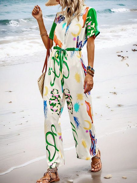 

Women Short Sleeve Shawl Collar Loose Long Daily Vacation Geometric Natural Shirt Jumpsuit, White, Jumpsuits&Rompers