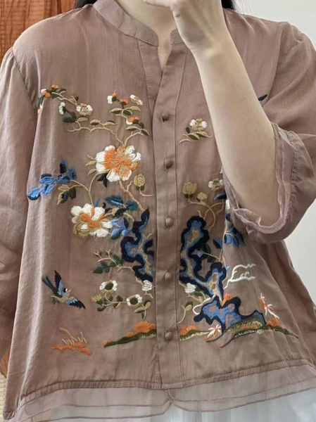

V Neck Half Sleeve Floral Embroidery Regular Loose Blouse For Women, Pink, Blouses