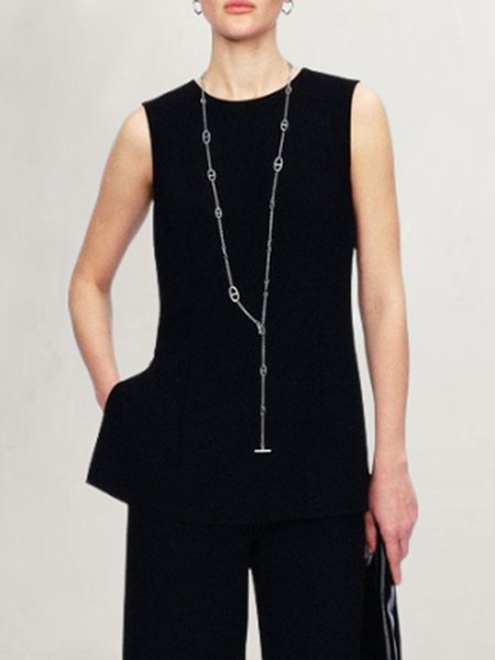 

Urban Crew Neck Loose Sleeveless Plain Shirt, Black, Blouses and Shirts