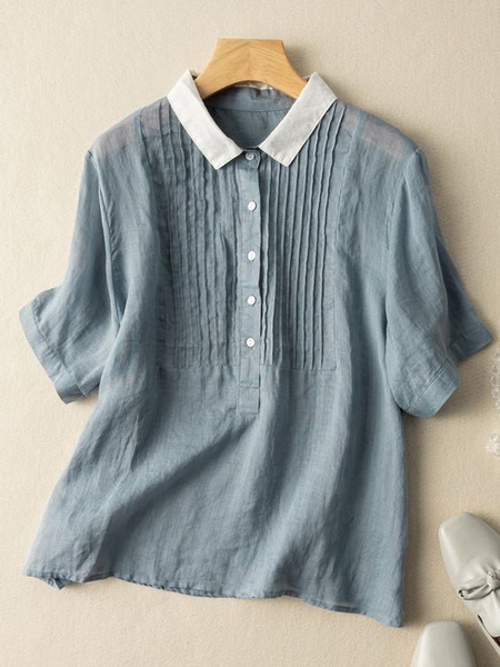

Cotton-Blend Casual Shirt Collar Linen Style Blouse, Blue, Blouses & Shirts