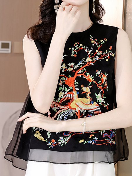 

Casual Crew Neck Plain Tank Top Embroidery, Black, Blouses