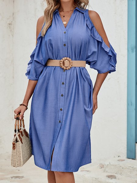 

Women Plain V Neck Half Sleeve Comfy Casual Midi Dress, Blue, Dresses