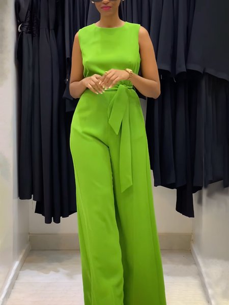 

Crew Neck Regular Fit Urban Plain Jumpsuit, Green, Jumpsuits