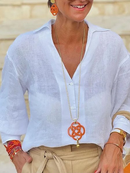 Shirt Collar Plain Daily Regular Fit Casual Linen Blouse, White, Blouses and Shirts