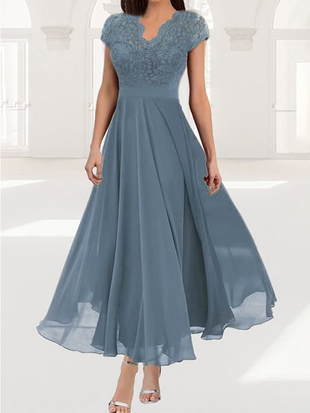 

Chiffon V Neck Elegant Plain Lace Dress, Light blue, Dresses