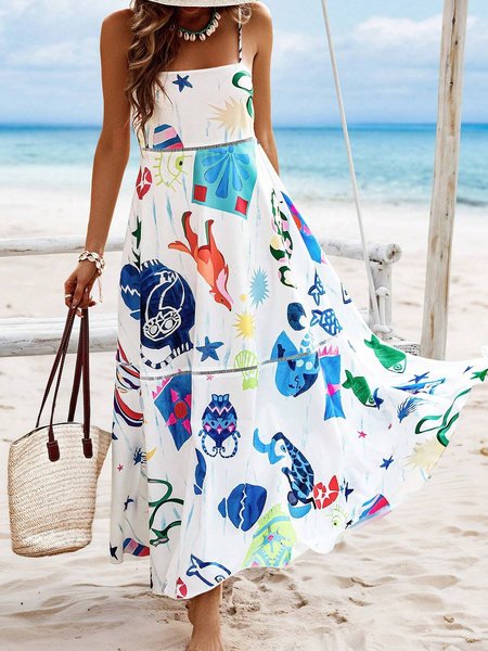 

Women Geometric Spaghetti Gallus Comfy Vacation Maxi Dress, White, Dresses