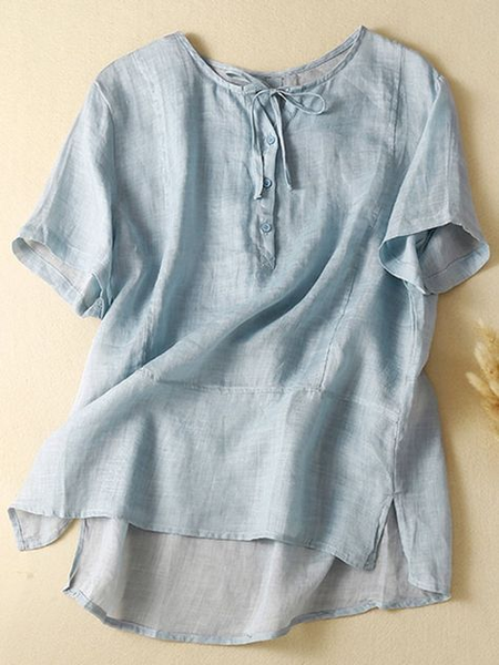 

Crew Neck Casual Loose Linen Style Shirt, Blue, Blouses & Shirts
