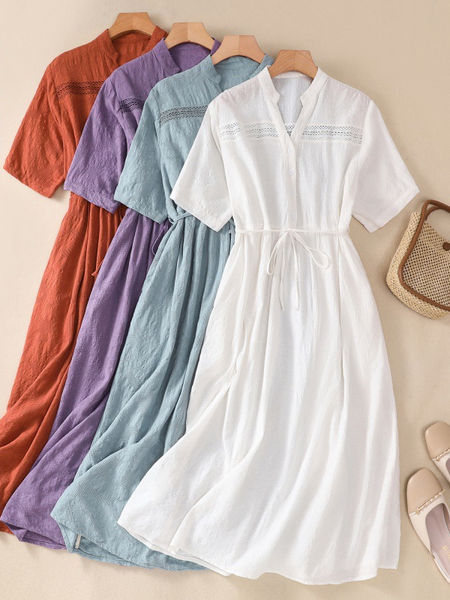 

Plain Loose Simple V Neck Linen Style Dress With Belt, White, Maxi Dresses