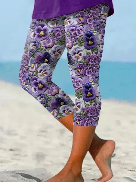 

Casual Floral Capris Leggings, Purple, Leggings