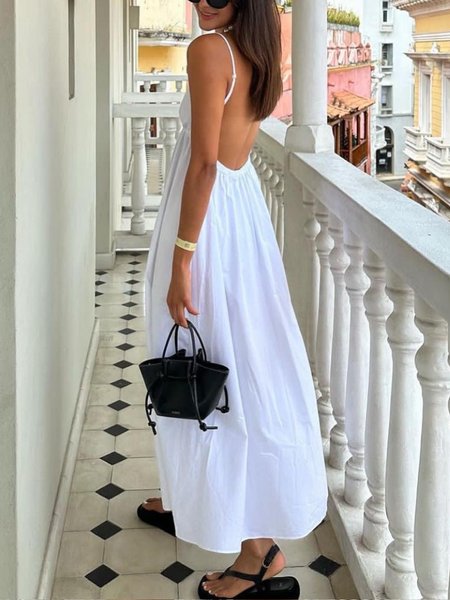 

Vacation Loose V Neck Plain Slip Dress, White, Maxi Dresses