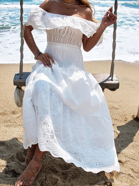 

Women Plain Boat Neck Short Sleeve Comfy Vacation Scramble Maxi Dress, White, Dresses