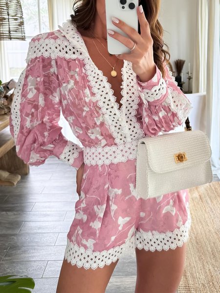 Lace Edge Vacation Stand Collar Floral Blouse, Pink, Blouses and Shirts