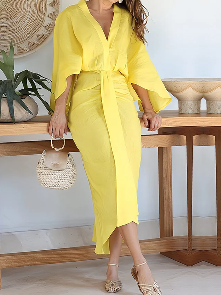 

Plus Size Vacation Regular Fit V Neck Short Sleeve Maxi Dress, Yellow, Plus Dresses