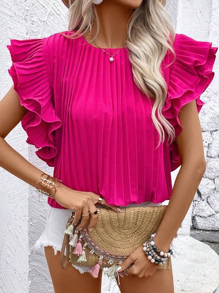 

Crew Neck Cap Sleeve Plain Regular Loose Shirt For Women, Rose red, Blouses