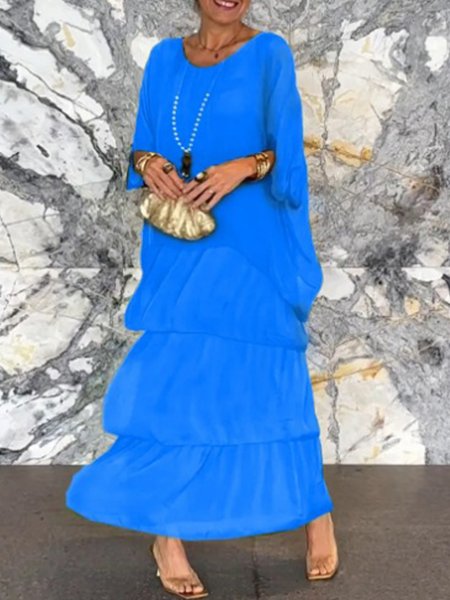 Crew Neck Plain Casual Dress With No, Blue, Maxi Dresses