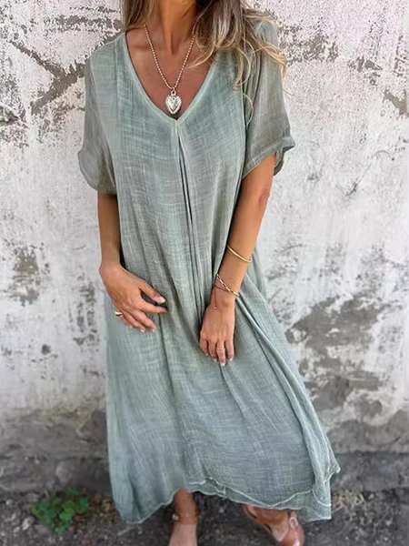 

Women Plain V Neck Short Sleeve Comfy Casual Maxi Dress, Green, Dresses