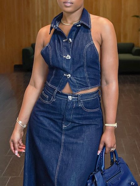 

Plain Regular Fit Urban Denim Vest, Blue, Blouses and Shirts