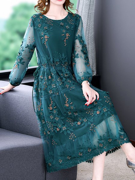 

Women Plain Square Neck Long Sleeve Comfy Casual Embroidery Maxi Dress, Darkgreen, Dresses