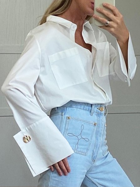 

Plain Loose Urban Shirt Collar Pockets Blouse, White, Blouses and Shirts