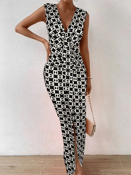 

Regular Fit V Neck Geometric Urban Dress, Black, Maxi Dresses