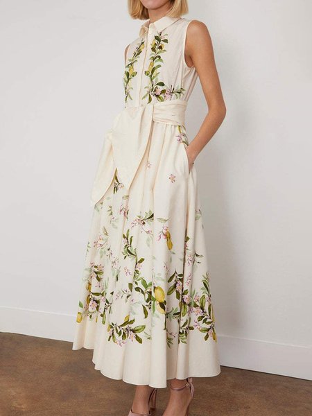 

Regular Fit Floral Casual Shirt Collar Dress With Belt, Beige, Maxi Dresses