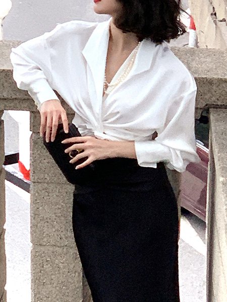 

Shawl Collar Plain Regular Fit Elegant Blouse, White, Blouses and Shirts