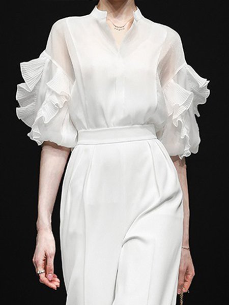 

Regular Fit Stand Collar Plain Urban Blouse, White, Blouses and Shirts