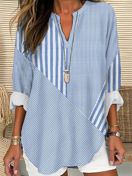

Notched Loose Striped Casual Shirt, Blue, Blouses & Shirts