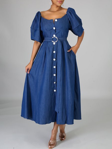 

Casual Pocket Stitching Lantern Sleeve Regular Fit Faux Denim Dress With Belt, Blue, Midi Dresses