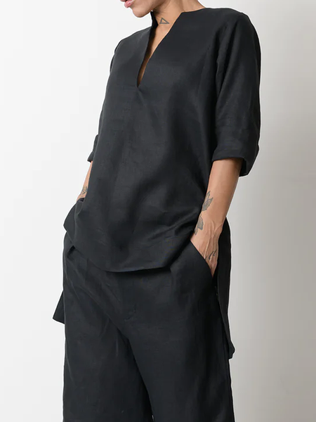 

Casual No Elasticity Loose Short Sleeve Shirt, Black, Blouses and Shirts