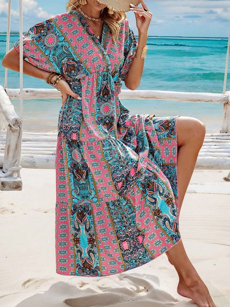 

Women Ethnic V Neck Short Sleeve Comfy Vacation Maxi Dress, Multicolor, Dresses