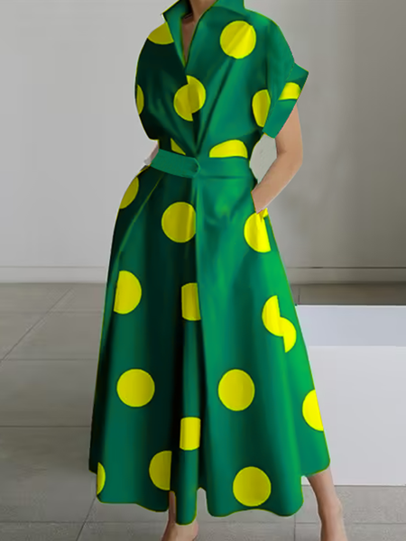 

Shirt Collar Short Sleeve Urban Loose Polka Dots Maxi Dress, Green, Maxi Dresses