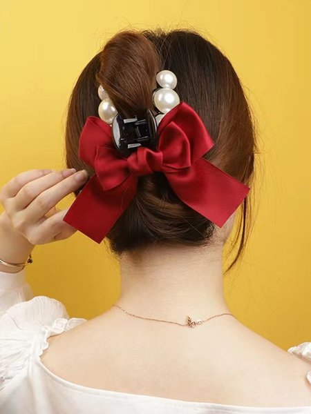 

Elegant Imitation Pearl Bowknot Design Shark Hair Claw, Red, Jewelry