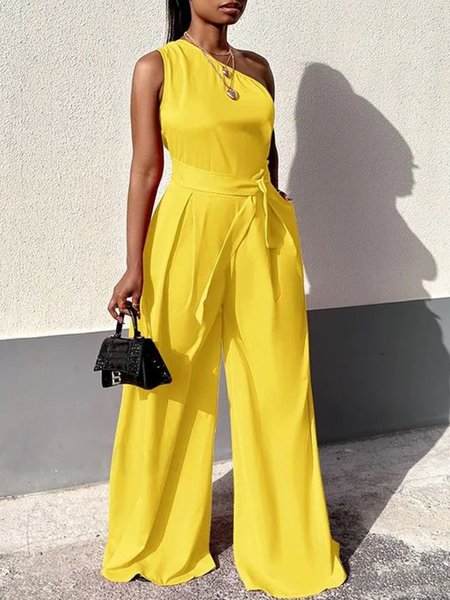 

Plain One Shoulder Regular Fit Casual Jumpsuit, Yellow, Jumpsuits