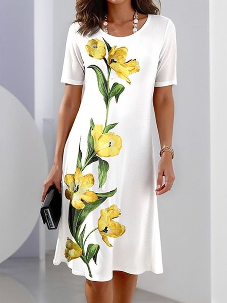 

Crew Neck Elegant Floral Dress, White, Dresses