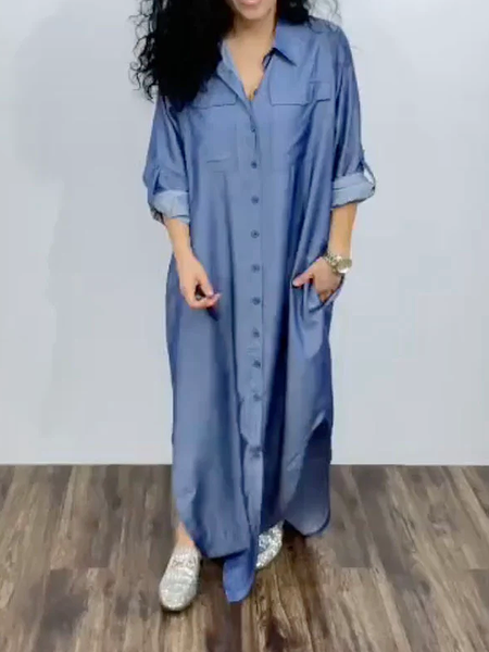 

Plain Urban Shirt Collar Long Sleeve Loose faux denim Dress, Denim blue, Maxi Dresses