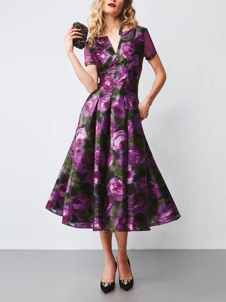 Floral Regular Fit Elegant Short Sleeve Midi Dress, Purple, Midi Dresses