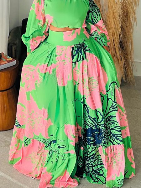 

Vacation Floral Pocket Stitching Skirt, Green, Skirts